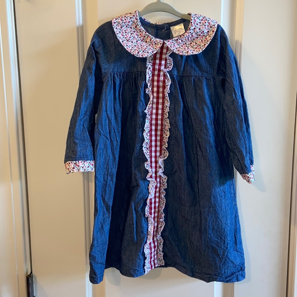 Paty long sleeve blue Jean dress w floral trim 3T